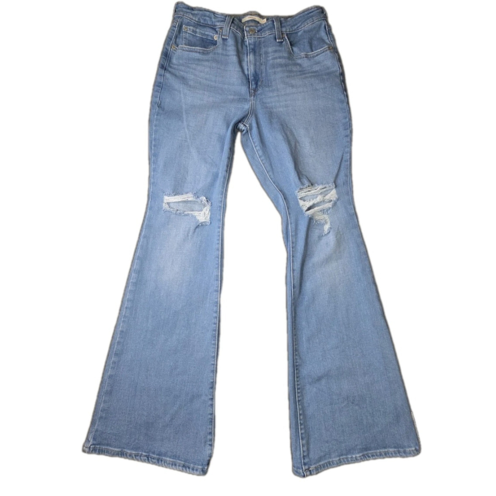 Levis Jeans Womens 31x32 Blue 726 High Rise Flare Distressed Knee Rips Denim